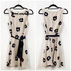 Lauren Conrad 8 Womens Beige Flower Print Sleeveless Tie Waist A-line Dress